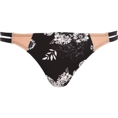 Black floral double strap bikini bottoms